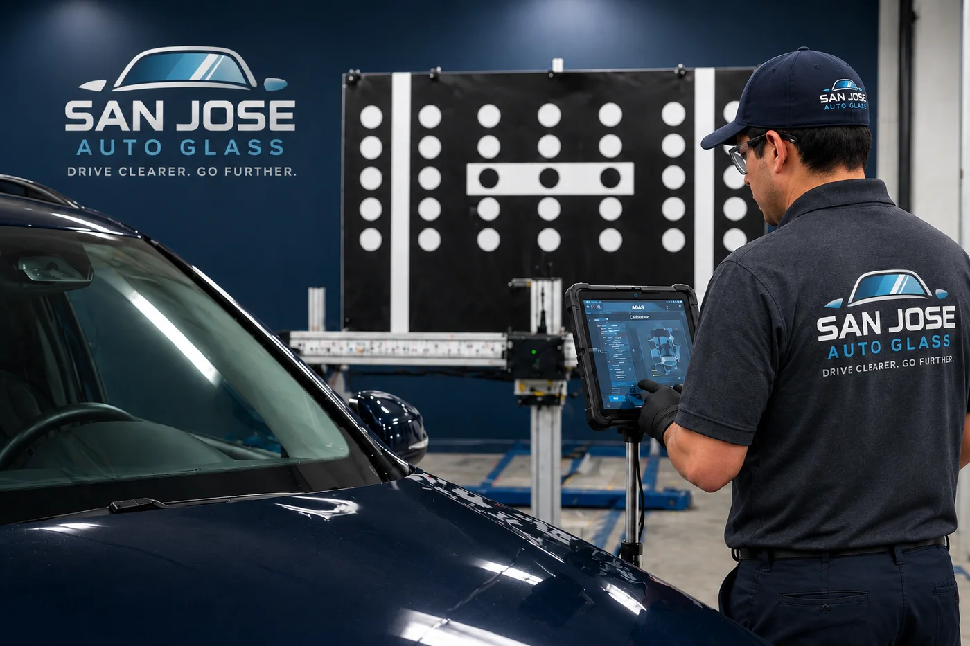 Auto Glass of San Jose technician performing ADAS calibration with a diagnostic tablet in front of a calibration target board