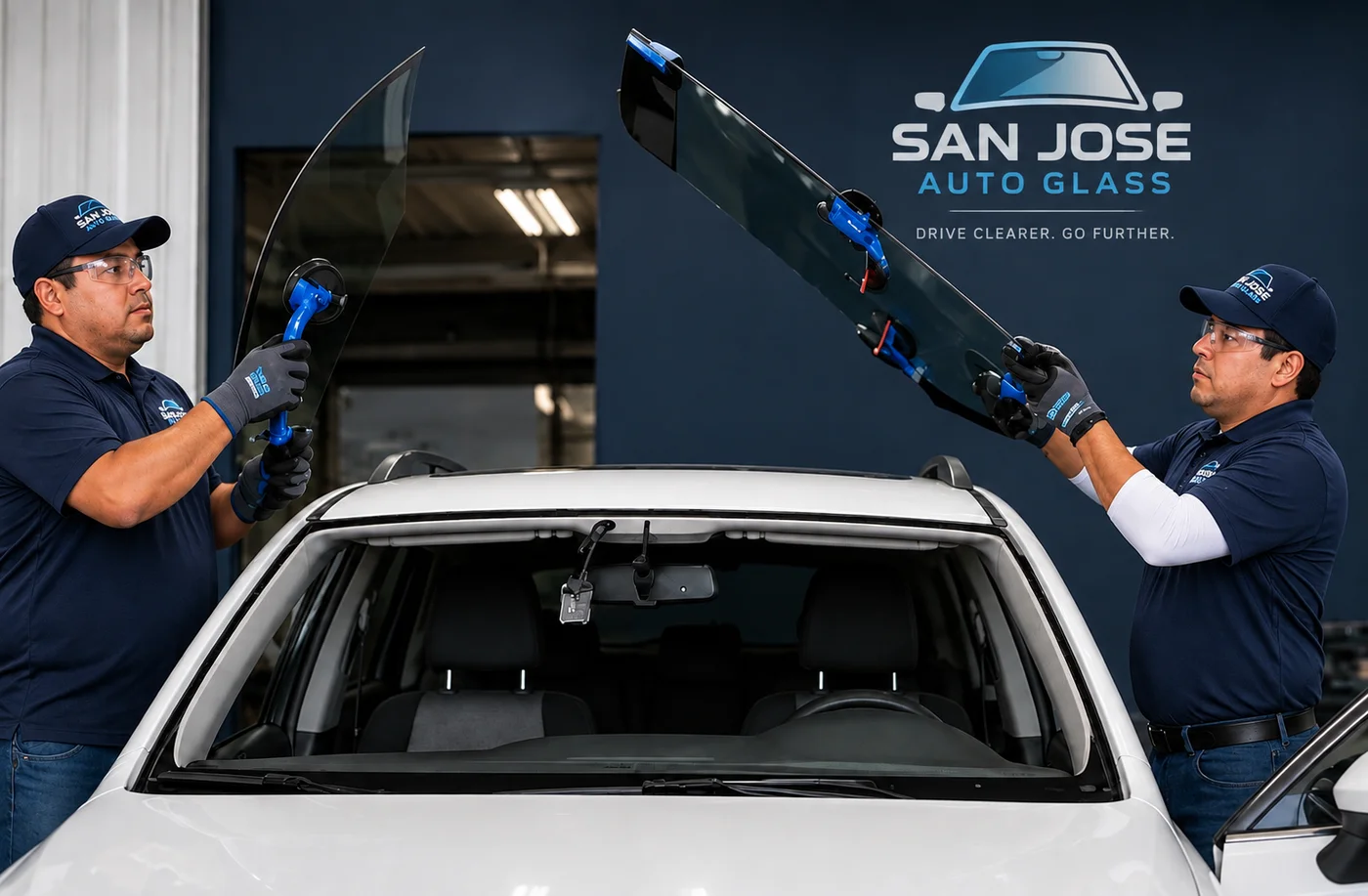 Two Auto Glass of San Jose technicians handling replacement glass panels