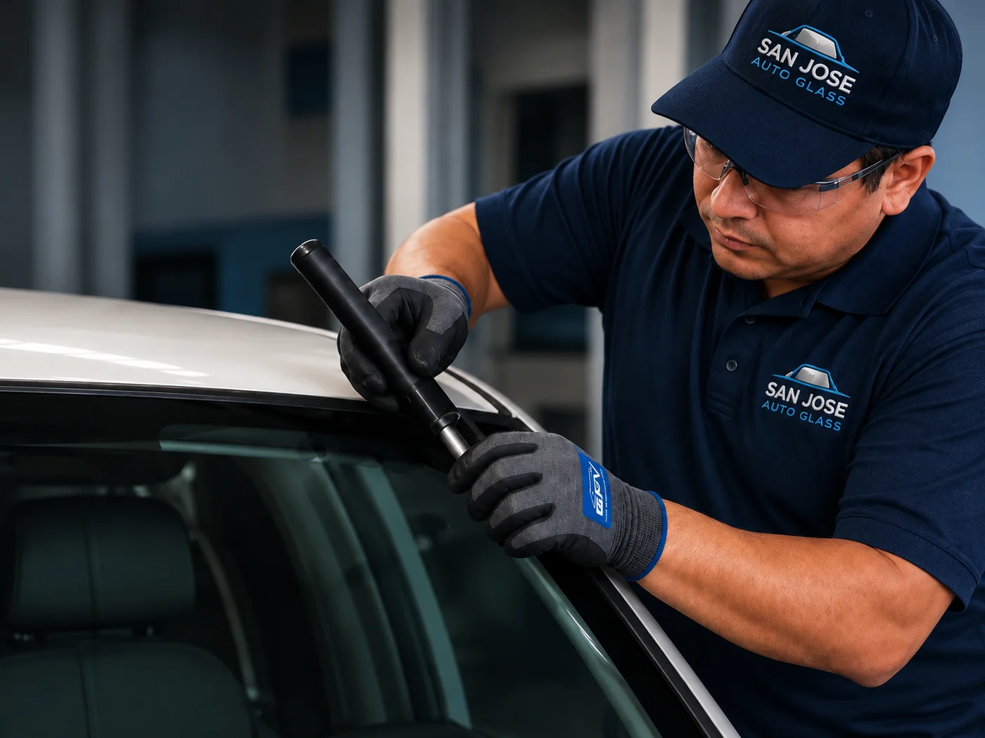 Auto Glass of San Jose technician finishing a window seal