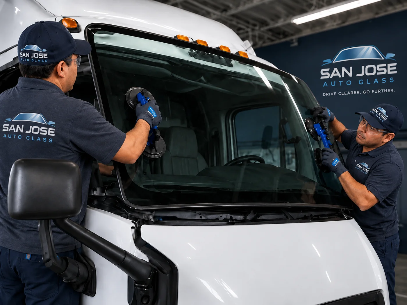 Two Auto Glass of San Jose technicians installing a semi-truck windshield