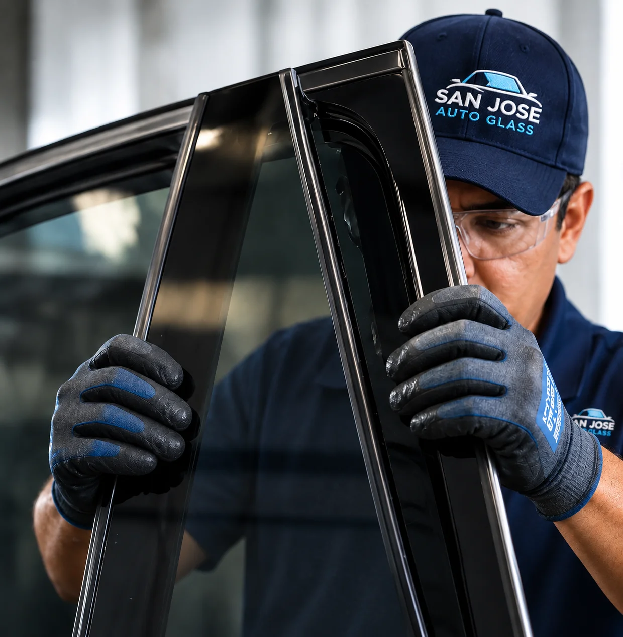 Auto Glass of San Jose technician installing vent glass into a door frame