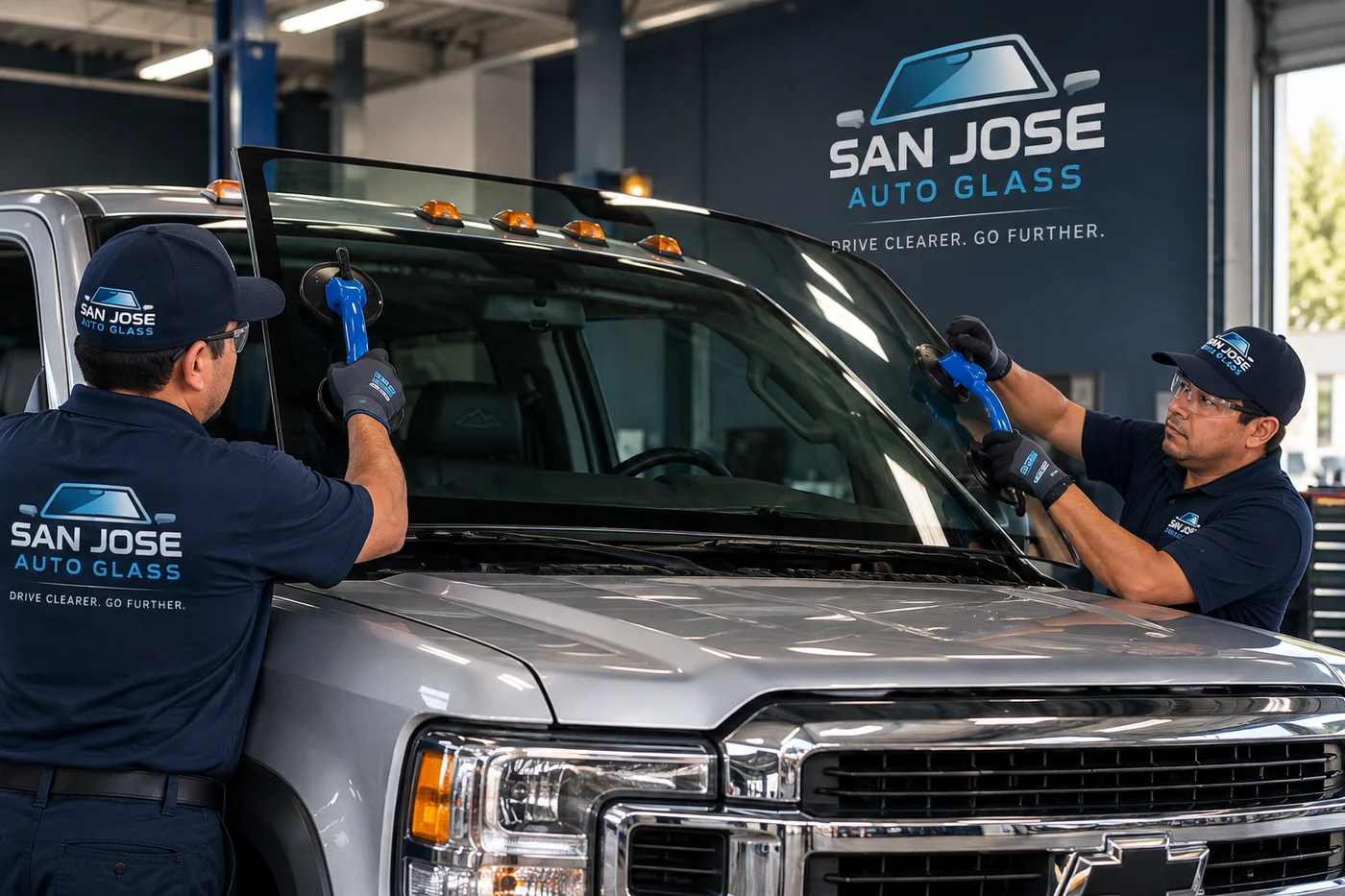 Two Auto Glass of San Jose technicians installing a truck windshield